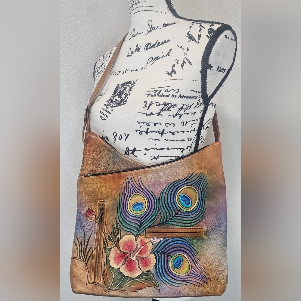 Anuschka Hand Painted Leather Shoulder Bag Peacock Feathers & Hibiscus Flowers